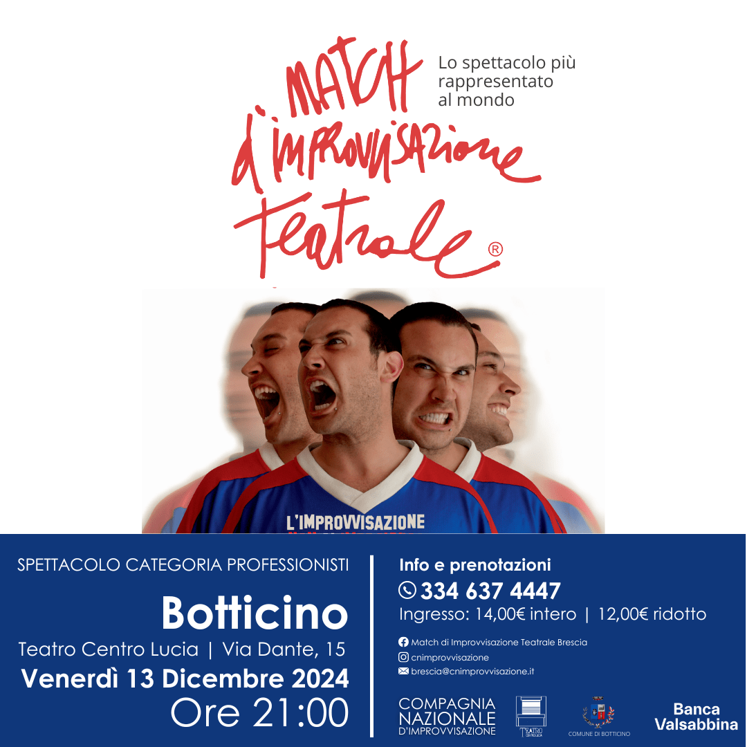 Match di improvvisazione teatrale a Brescia, dicembre 2024, evento della Compagnia Nazionale di Improvvisazione Teatrale