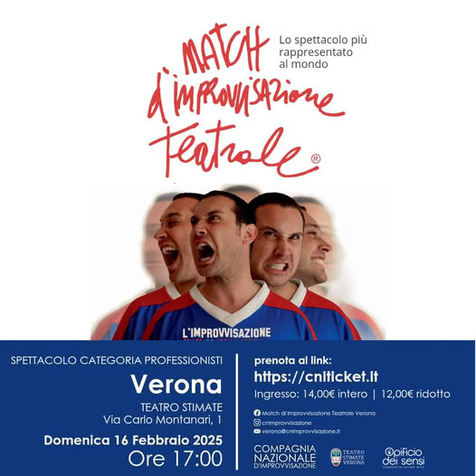 Match di improvvisazione teatrale a Verona, Teatro Stimate, domenica 16 febbraio 2025 alle 17:00, evento della Compagnia Nazionale di Improvvisazione Teatrale