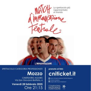 Locandina del Match di improvvisazione teatrale a Bergamo, febbraio 2025, al Cineteatro Agorà